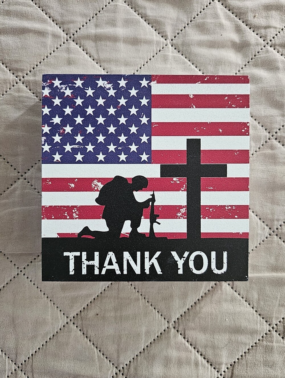Wooden home decor, soldier kneeling to the Cross, USA flag, new without tags